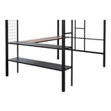 Metal Full Size Loft Bed with Desk & Shelves/ Sturdy Metal Bed Frame/ Noise-free Wood Slats/ Comfortable Textilene Guardrail/ Built-in Desk, 2-tier Shelves & Grid Panel/ 2 Side Ladders