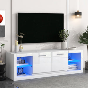 [VIDEO provided] ON-TREND Modern TV Stand with 2 Tempered Glass Shelves, High Gloss Entertainment Center for TVs Up to 70'', Elegant TV Cabinet with LED Color Changing Lights for Living Room, White