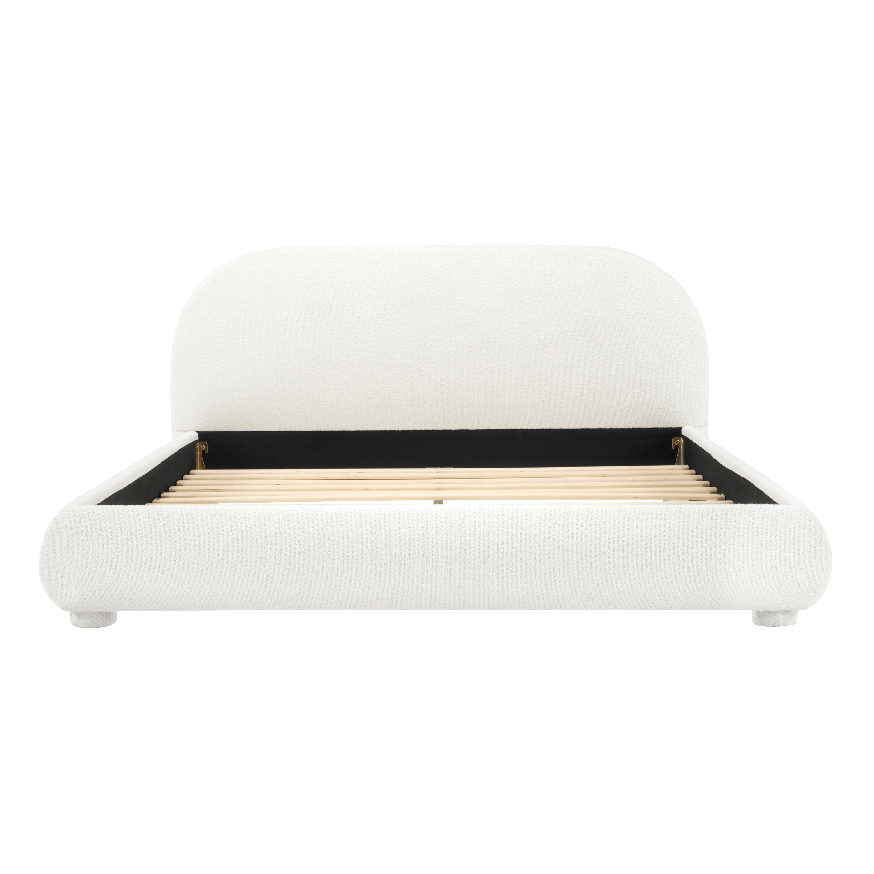 Cream Style Fabric Upholstered Bed, Simple Modern Queen Size Bedroom Bed with Curved Headboard, Fabric and Wood Construction