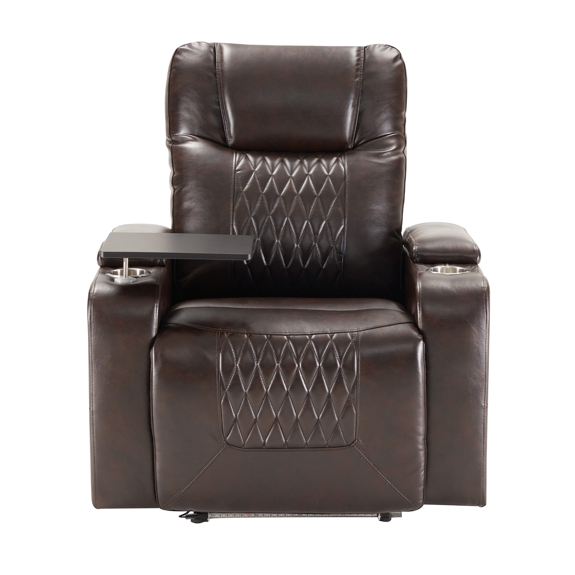 Power Motion Recliner with USB Charging Port, Hidden Arm Storage, 2 Cup Holders, 360° Swivel Tray Table, Brown PU Leather