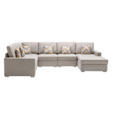 Nolan Beige Linen Fabric 6Pc Reversible Chaise Sectional Sofa with Pillows and Interchangeable Legs