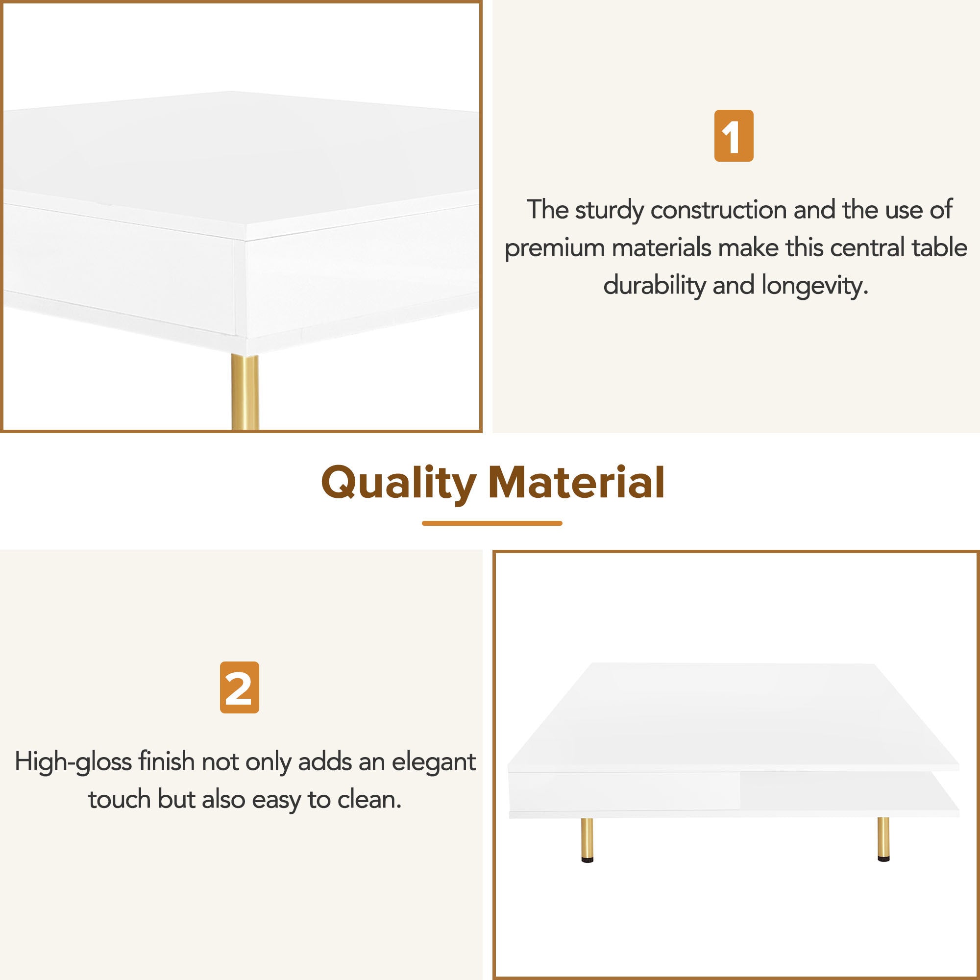 ON-TREND Exquisite High Gloss Coffee Table with 4 Golden Legs and 2 Small Drawers, 2-Tier Square Center Table for Living Room, White