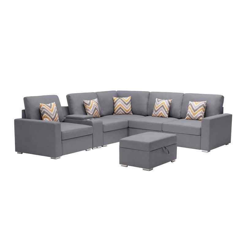 Nolan Gray Linen Fabric 7Pc Reversible Sectional Sofa with Interchangeable Legs, Pillows, Storage Ottoman, and a USB, Charging Ports, Cupholders, Storage Console Table