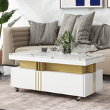 [VIDEO provided] ON-TREND Contemporary Coffee Table with Faux Marble Top, Rectangle Cocktail Table with Caster Wheels, Moderate Luxury Center Table with Gold Metal Bars for Living Room, White