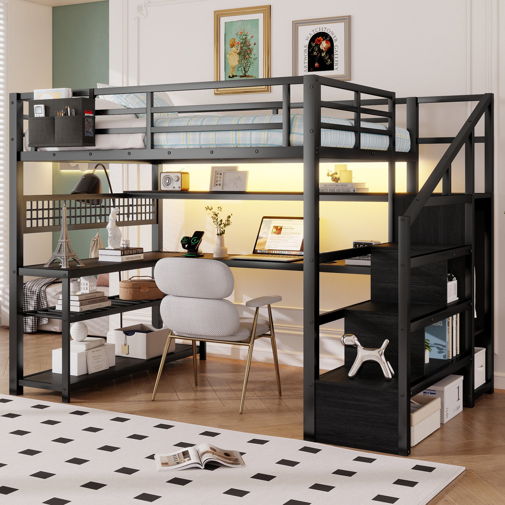 Full Size Loft Bed with Staircase and Wardrobe, Metal Loft Bed with Desk, Storage Shelves, LED Lights and Charge Station,Black(Expect Arrival Date 2025/12/15)