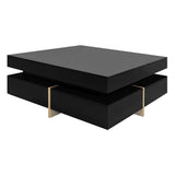 ON-TREND Modern High Gloss Coffee Table with 4 Drawers, Multi-Storage Square Cocktail Tea Table with Wood Grain Legs, Center Table for Living Room, 31.5''x31.5'', Black