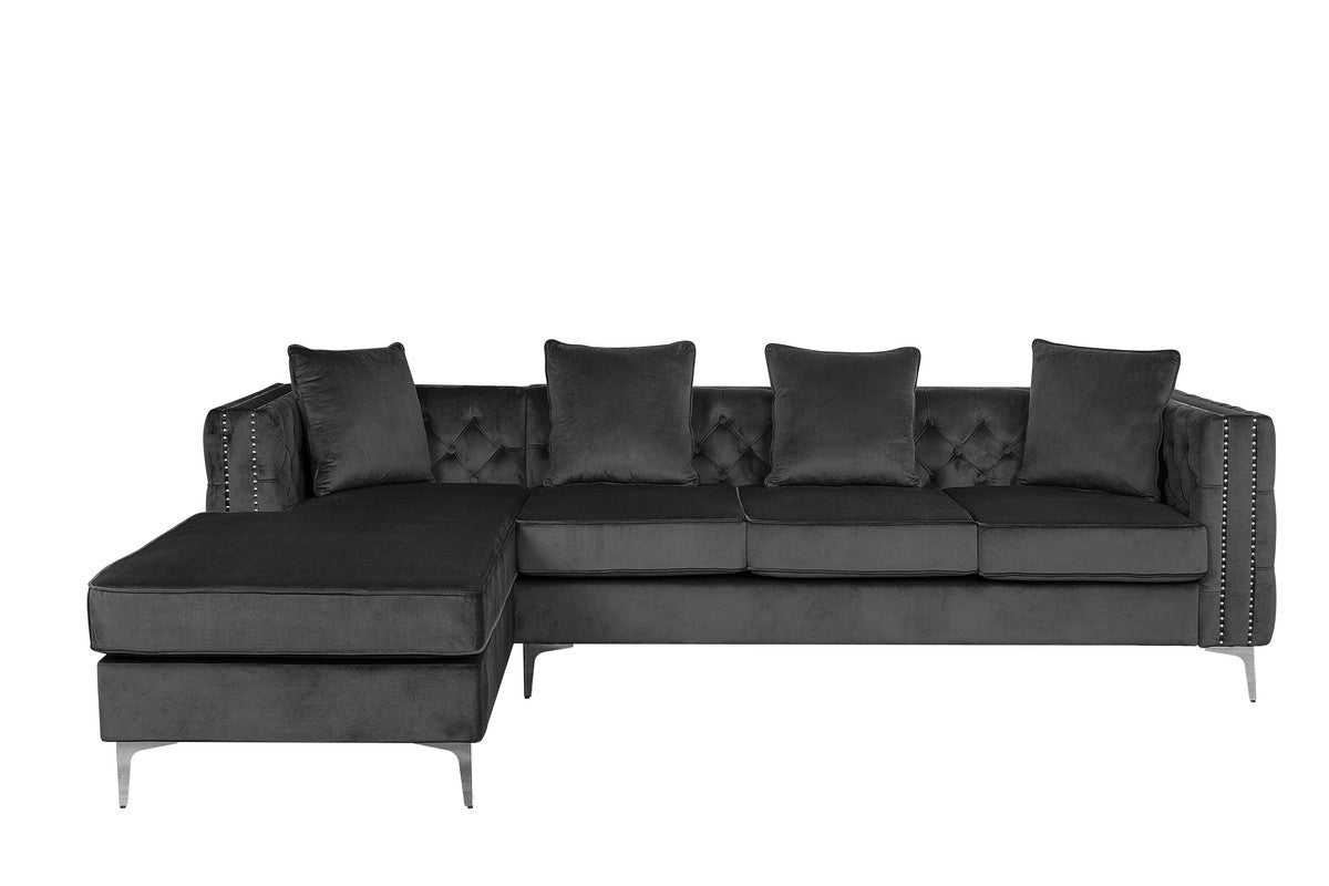 Ryan Dark Gray Velvet Reversible Sectional Sofa Chaise with Nail-Head Trim
