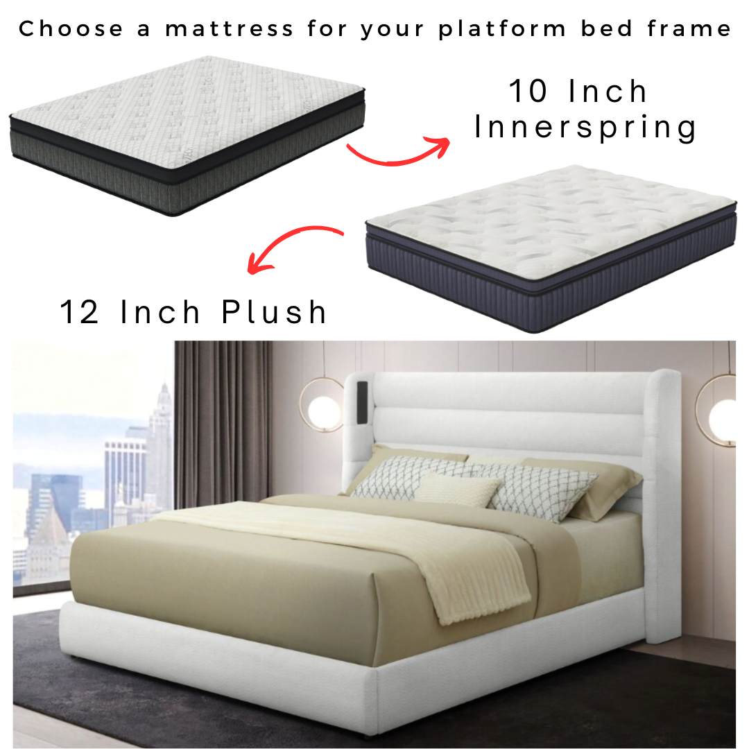 OFF WHITE BOUCLE BED & MATTRESS COMBO W/ SPEAKERS