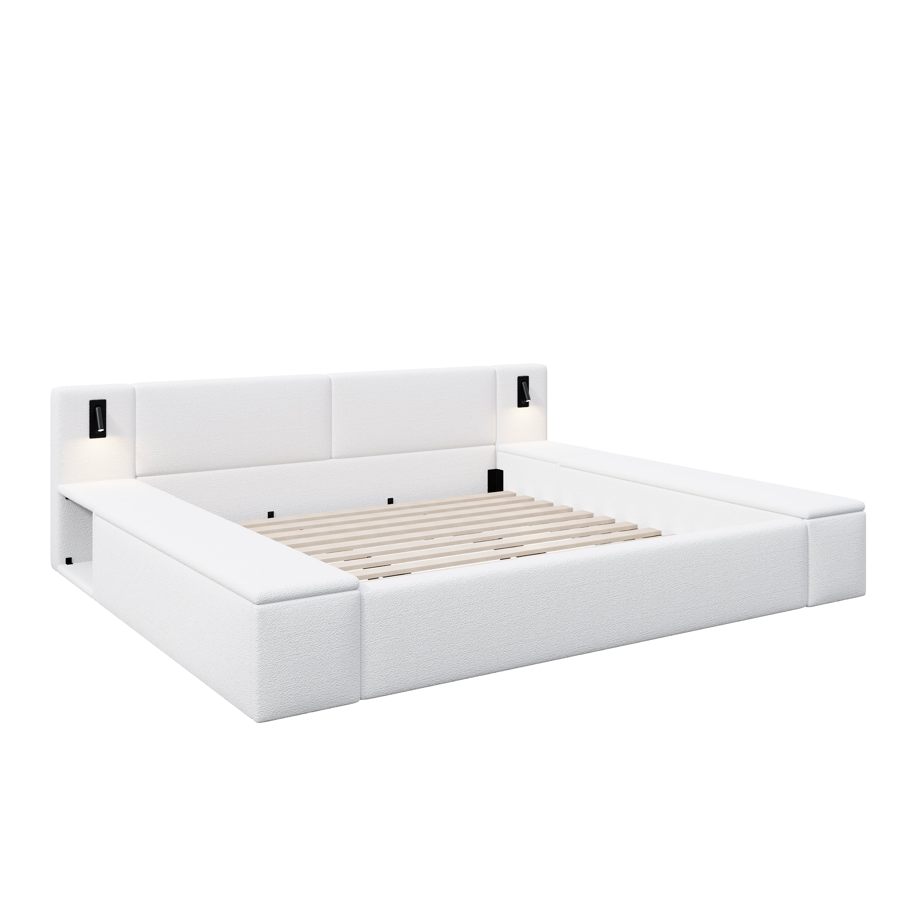 Modern White Teddy Fleece Upholstered Platform Bed Frame with Hidden Storage, Built-in Nightstands & LED Lights, Wood Slats, No Box Spring Needed, Queen Size