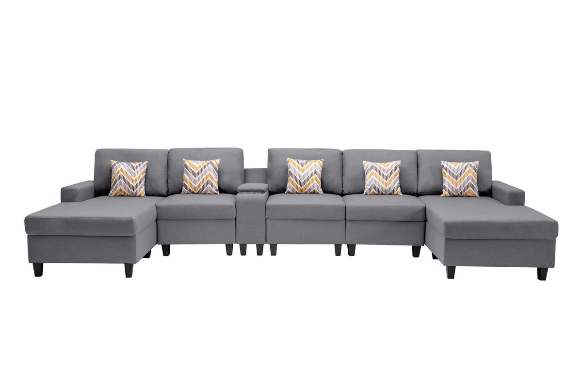 Nolan Gray Linen Fabric 6Pc Double Chaise Sectional Sofa with Interchangeable Legs, a USB, Charging Ports, Cupholders, Storage Console Table and Pillows