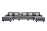 Nolan Gray Linen Fabric 6Pc Double Chaise Sectional Sofa with Interchangeable Legs, a USB, Charging Ports, Cupholders, Storage Console Table and Pillows