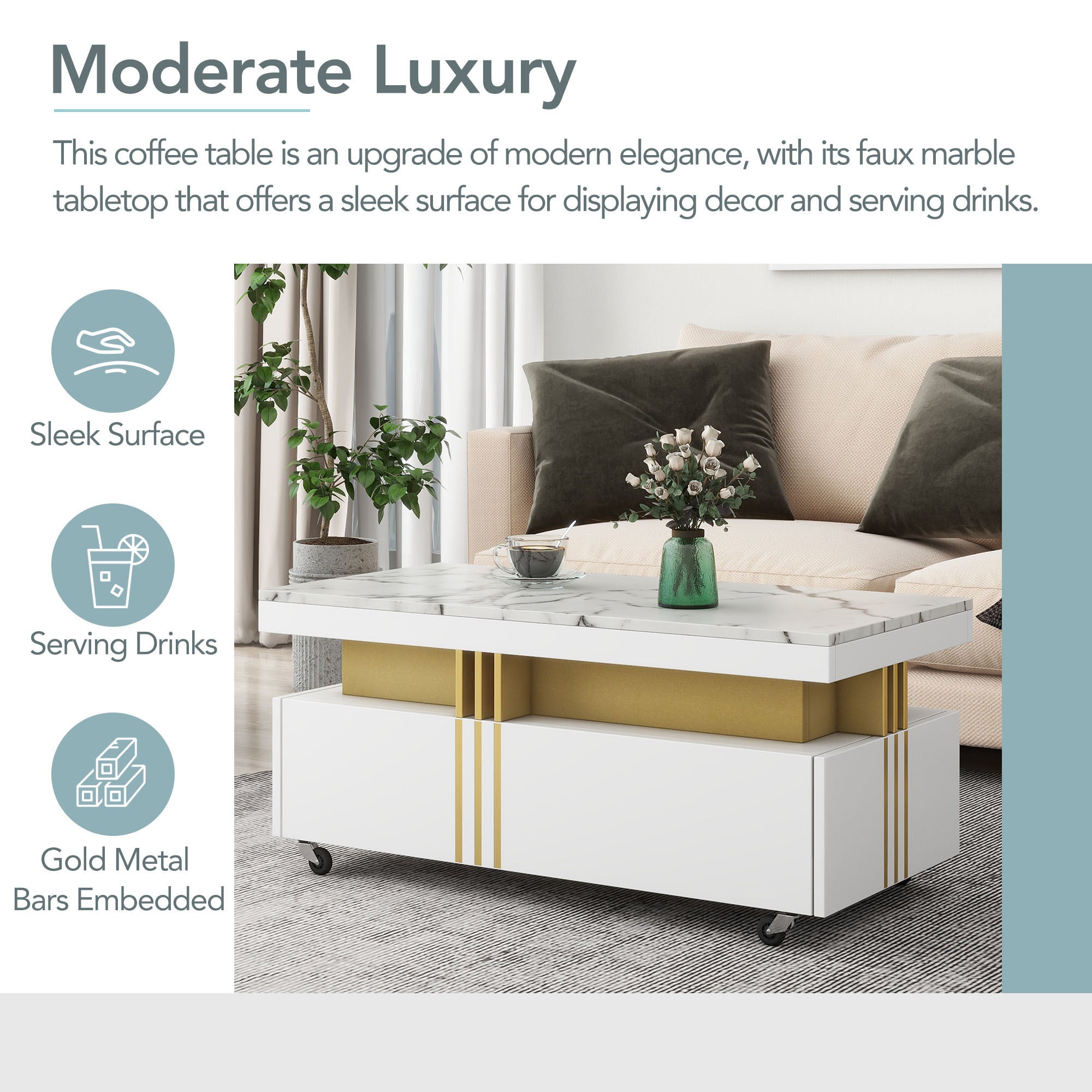 [VIDEO provided] ON-TREND Contemporary Coffee Table with Faux Marble Top, Rectangle Cocktail Table with Caster Wheels, Moderate Luxury Center Table with Gold Metal Bars for Living Room, White