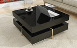 ON-TREND Modern High Gloss Coffee Table with 4 Drawers, Multi-Storage Square Cocktail Tea Table with Wood Grain Legs, Center Table for Living Room, 31.5''x31.5'', Black