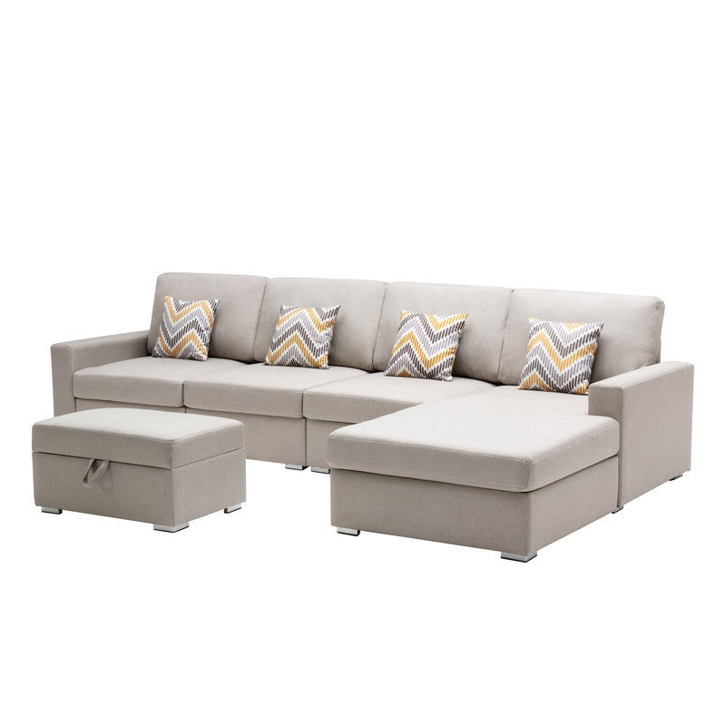 Nolan Beige Linen Fabric 5Pc Reversible Sofa Chaise with Interchangeable Legs, Storage Ottoman, and Pillows