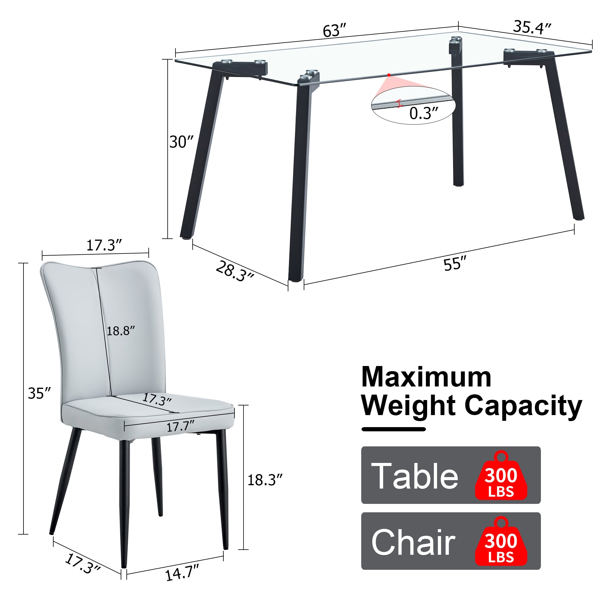 Table and chair set. 1 table and 6 light grey chairs. Glass dining table with 0.31-inch tempered glass tabletop and black coated metal legs. Equipped with light grey PU chairs 1123 008