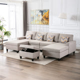 Nolan Beige Linen Fabric 5Pc Double Chaise Sectional Sofa with Interchangeable Legs, Storage Ottoman, and Pillows
