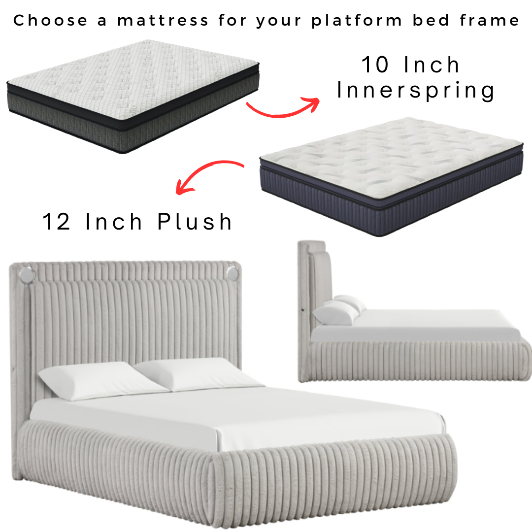 GRAY CORDUROY BED & MATTRESS COMBO W/ SPEAKERS