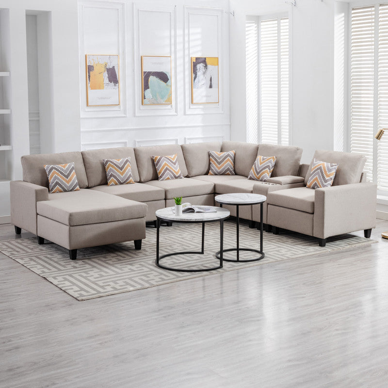 Nolan Beige Linen Fabric 7Pc Reversible Chaise Sectional Sofa with a USB, Charging Ports, Cupholders, Storage Console Table and Pillows and Interchangeable Legs