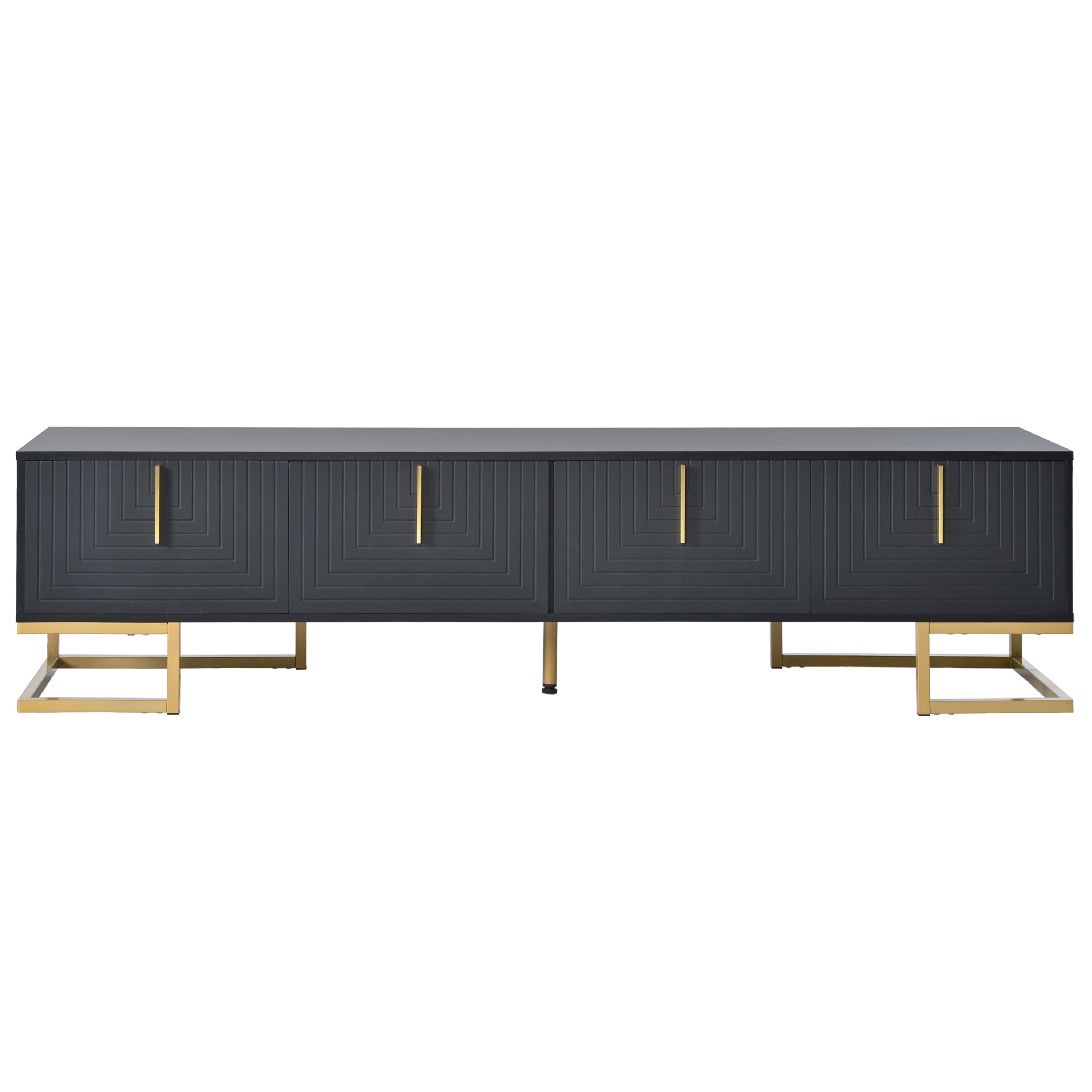 ON-TREND Modern TV Stand with Metal Legs and Gold Handles for TVs Up to 80'', Media Console Table with Cabinets and Adjustable Shelves, Luxury TV Cabinet with Geometric Lines for Living Room, Black
