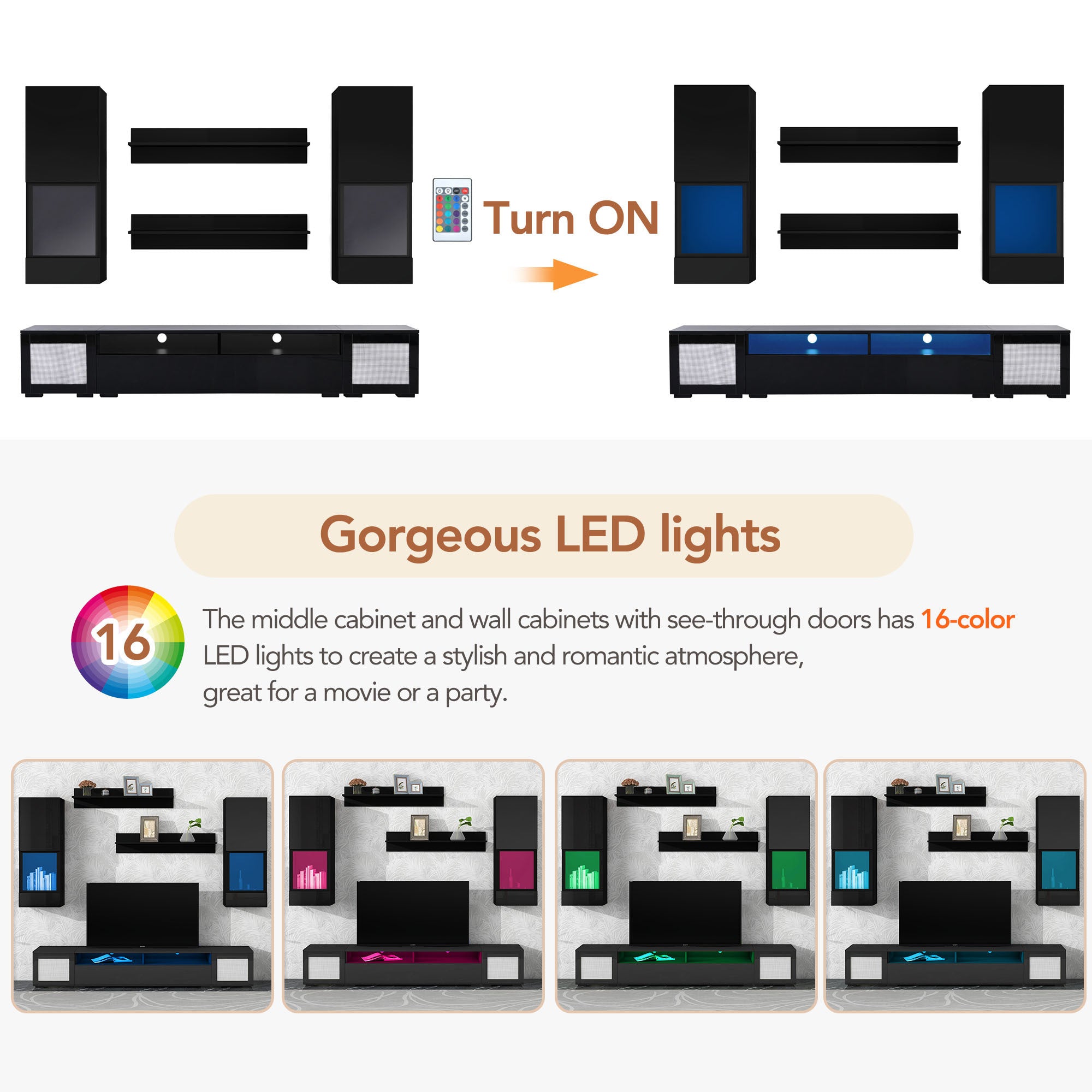 ON-TREND Extended, Rattan Style Entertainment Center, 7 Pieces Floating TV Console Table for TVs Up to 90'', High Gloss Wall Mounted TV Stand with Color Changing LED Lights for Home Theatre, Black.