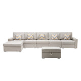 Nolan Beige Linen Fabric 6Pc Reversible Sectional Sofa Chaise with Interchangeable Legs, Pillows and Storage Ottoman