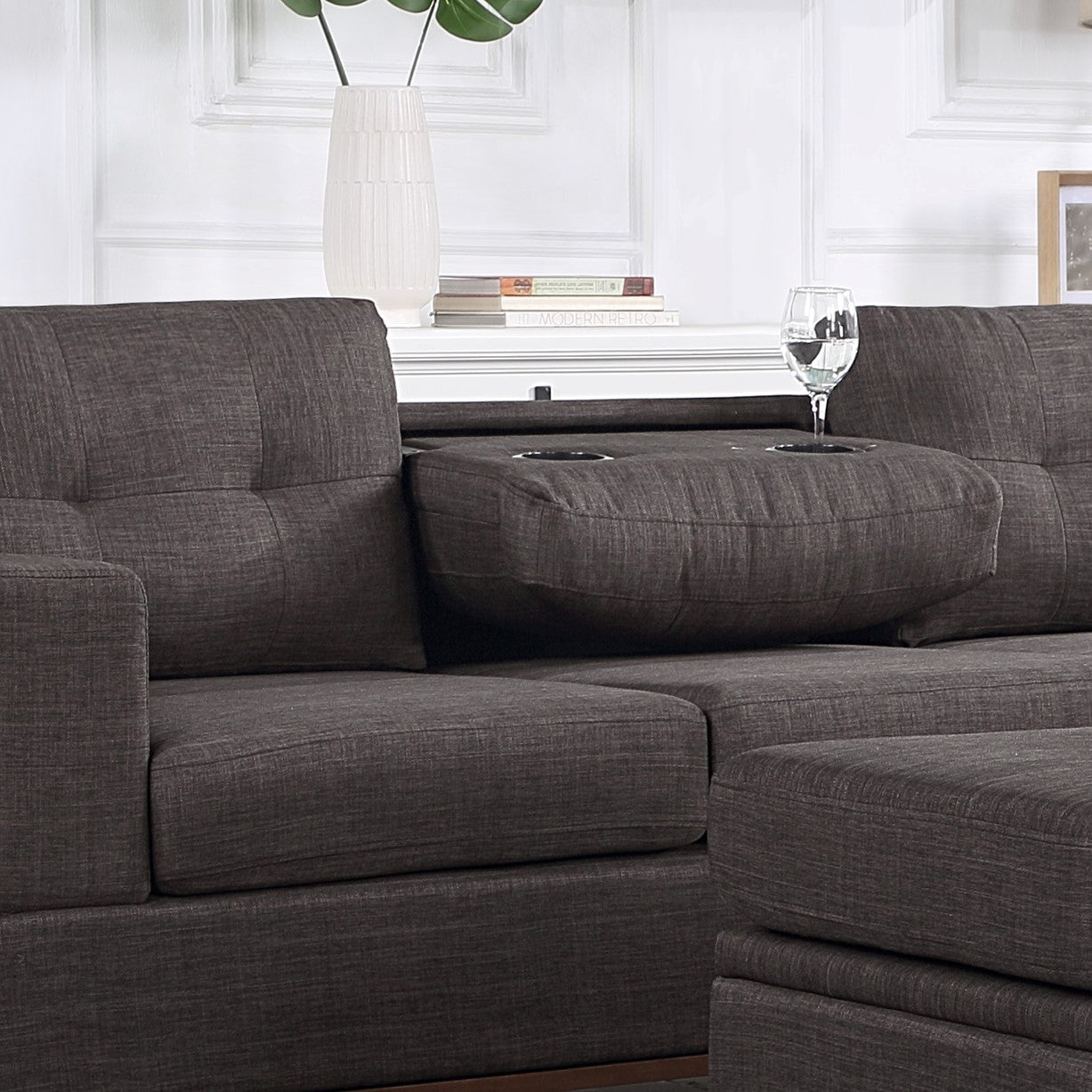 Hilo Dark Gray Fabric Reversible Sectional Sofa with Dropdown Armrest, Cupholder, and Storage Ottoman