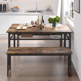 3 Pieces Farmhouse Kitchen Table Set with Two Benches, Metal Frame and MDF Board