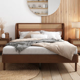 Modern Cannage Rattan Wood Platform Queen Bed, Walnut