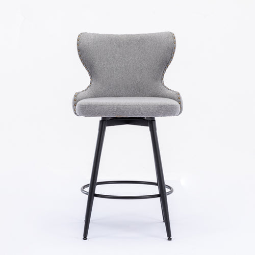 A&A Furniture,Counter Height 25" Modern Linen Fabric Counter Chairs,180° Swivel Bar Stool Chair for Kitchen,Tufted Cupreous Nailhead Trim Burlap Bar Stools with Metal Legs,Set of 2 (Gray)