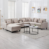 Nolan Beige Linen Fabric 7Pc Reversible Chaise Sectional Sofa with a USB, Charging Ports, Cupholders, Storage Console Table and Pillows and Interchangeable Legs