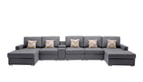 Nolan Gray Linen Fabric 6Pc Double Chaise Sectional Sofa with Interchangeable Legs, a USB, Charging Ports, Cupholders, Storage Console Table and Pillows