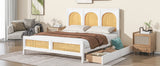 Queen Size Wood Storage Platform Bed with 2 Drawers, Rattan Headboard and Footboard, White