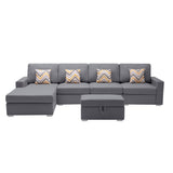 Nolan Gray Linen Fabric 5Pc Reversible Sofa Chaise with Interchangeable Legs, Storage Ottoman, and Pillows