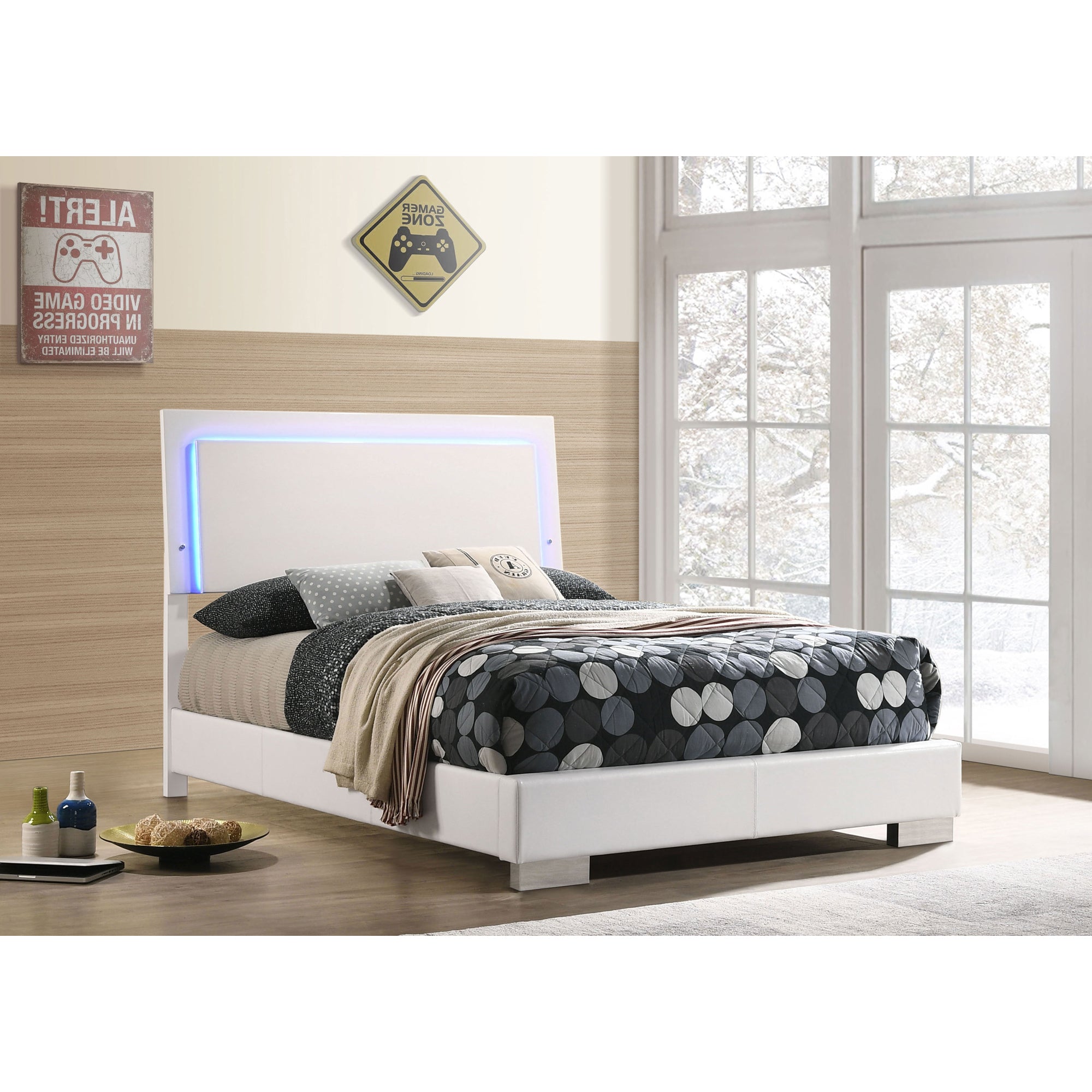 Felicity White High Gloss Wood Full LED Panel Bed