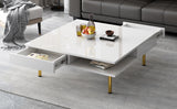 ON-TREND Exquisite High Gloss Coffee Table with 4 Golden Legs and 2 Small Drawers, 2-Tier Square Center Table for Living Room, White