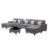 Nolan Gray Linen Fabric 7Pc Double Chaise Sectional Sofa with Interchangeable Legs, Storage Ottoman, Pillows, and a USB, Charging Ports, Cupholders, Storage Console Table