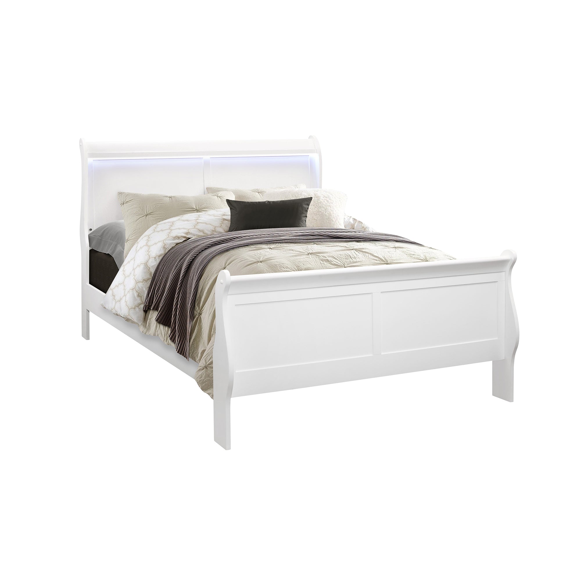 Charlston Sleigh Style Full Bed with LED Lighting in White Finish, Solid Wood & MDF, 56.06x84.53x47.17 inches