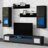 ON-TREND Extended, Rattan Style Entertainment Center, 7 Pieces Floating TV Console Table for TVs Up to 90'', High Gloss Wall Mounted TV Stand with Color Changing LED Lights for Home Theatre, Black.