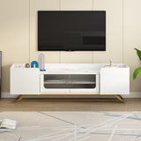 ON-TREND Sleek Design TV Stand with Fluted Glass, Contemporary Entertainment Center for TVs Up to 70", Faux Marble Top TV Console Table with Gold Frame Base, White