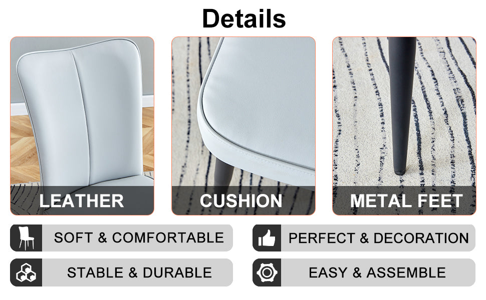 Table and chair set. 1 table and 6 light grey chairs. Glass dining table with 0.31-inch tempered glass tabletop and black coated metal legs. Equipped with light grey PU chairs 1123 008