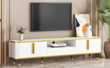 ON-TREND Luxury Minimalism TV Stand with Open Storage Shelf for TVs Up to 85", Entertainment Center with Cabinets and Drawers, Practical Media Console with Unique Legs for Living Room, White