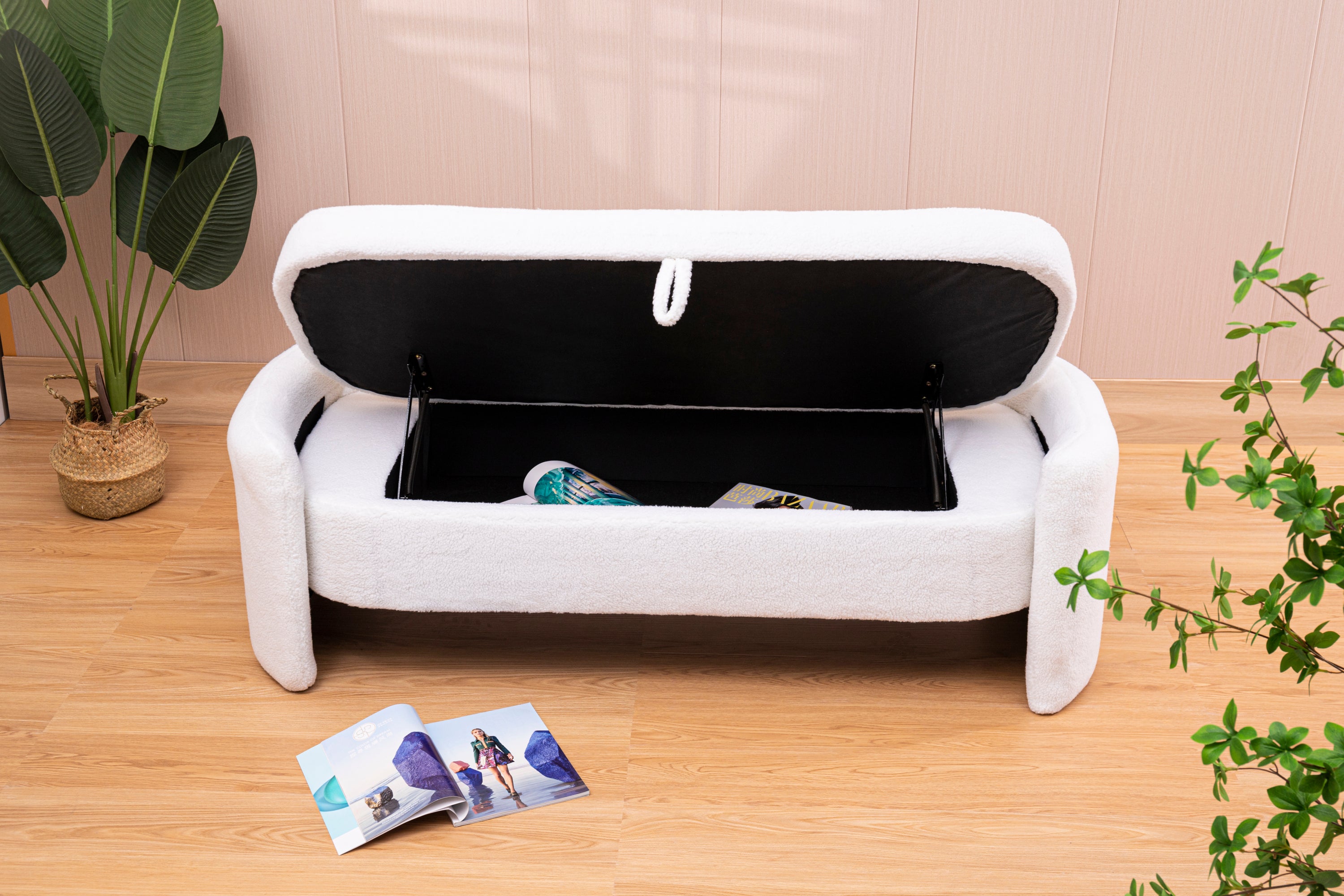 Footstool with storage function  beige teddy fabric  suitable for hallway bedroom living room