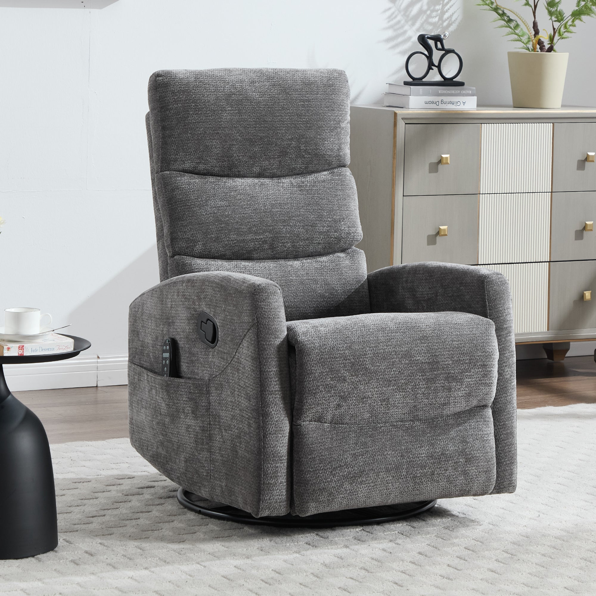 Heat Massage Manual Recliner Chair with Rocker and Swivel in Fabric for Living Room, GREY