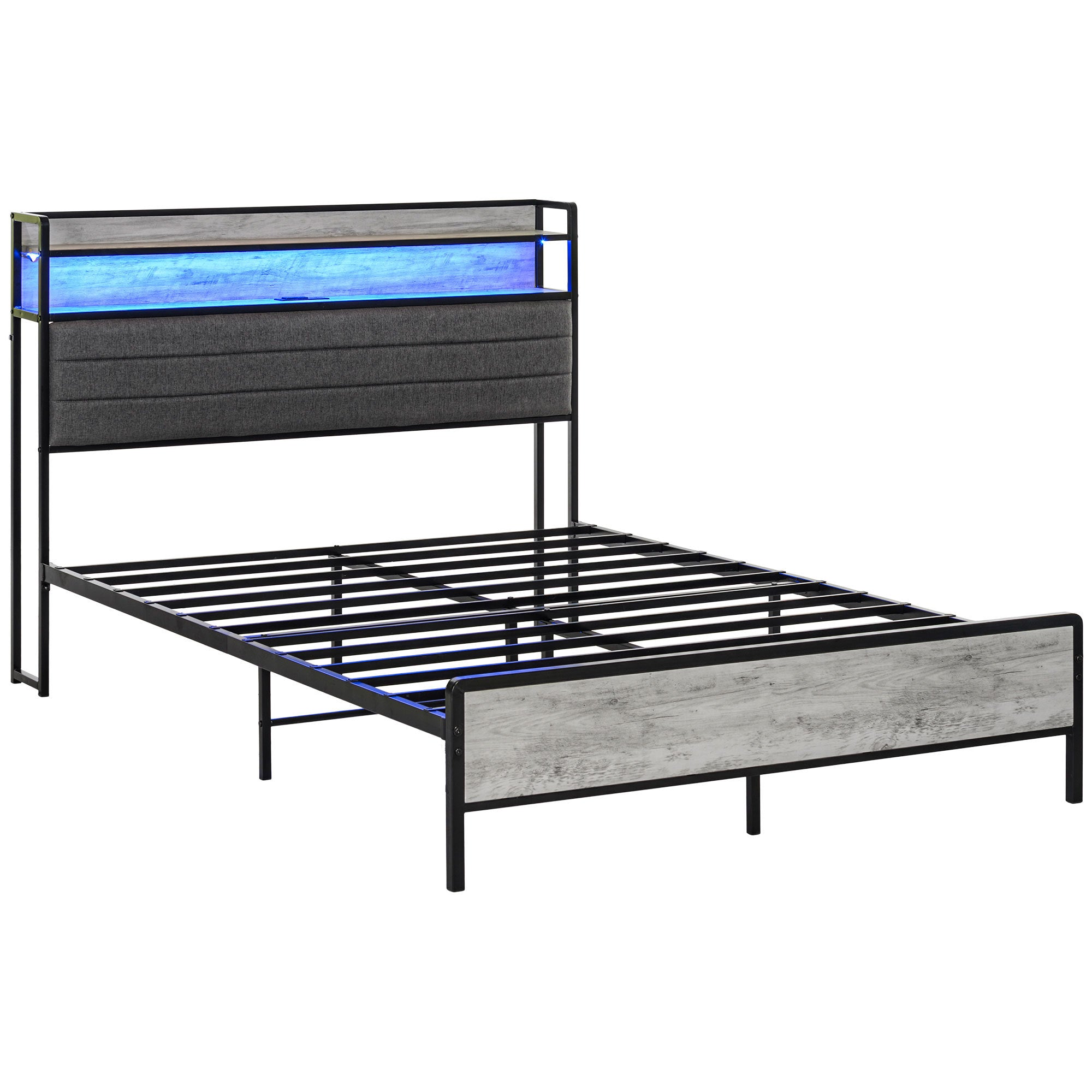 HOMCOM Full Size Bed Frame with Storage Headboard, Upholstered Platform Bed Frame with LED Lights, Charging Station, Steel Slats, Noise-Free & Easy Assembly, No Box Spring Needed, Cement Gray