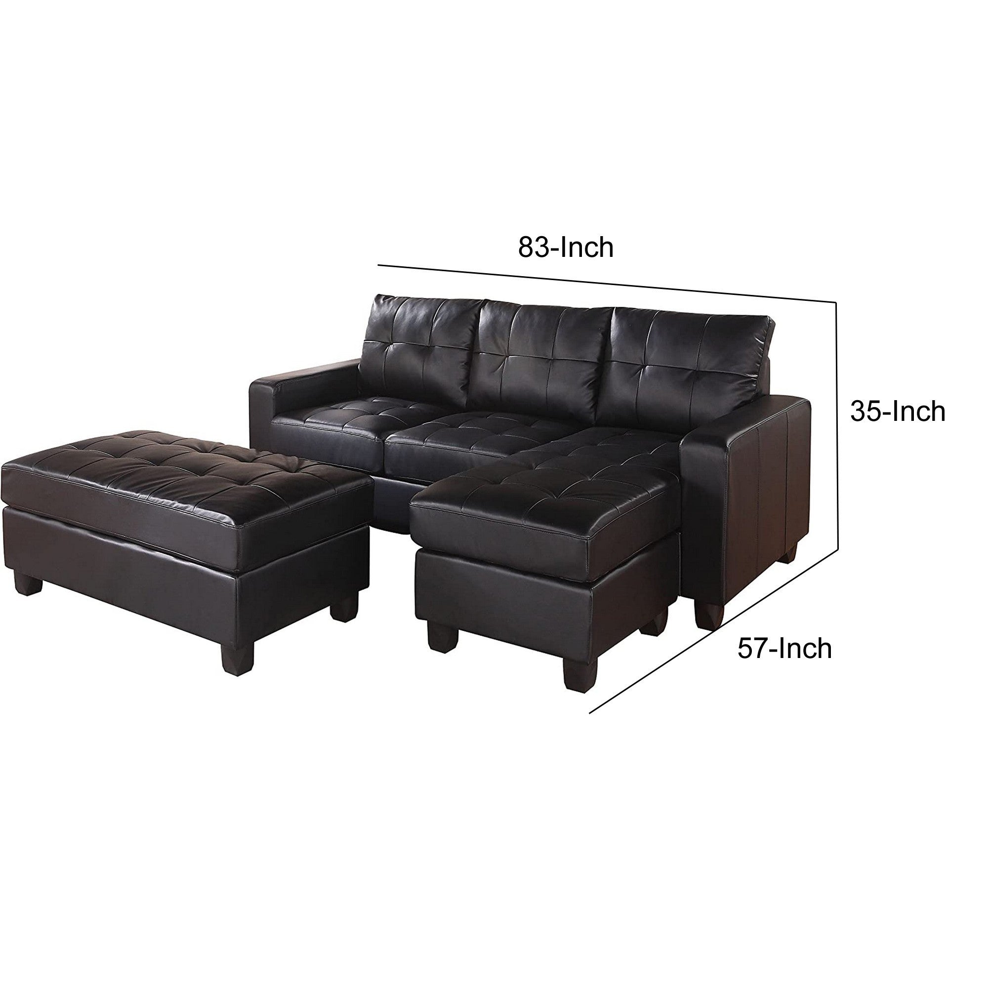 Black Modish Sectional Sofa With Ottoman, 3 Piece Set