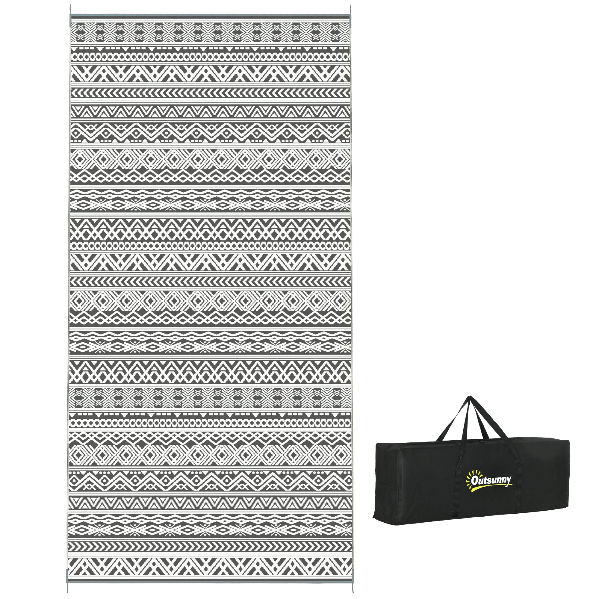 Outsunny Reversible Outdoor Rug, 9' x 18' Waterproof Plastic Straw Floor Mat, Portable RV Camping Carpet with Carry Bag, Large Floor Mat for Backyard, Deck, Picnic, Beach, Gray & Cream White Boho
