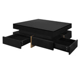 ON-TREND Modern High Gloss Coffee Table with 4 Drawers, Multi-Storage Square Cocktail Tea Table with Wood Grain Legs, Center Table for Living Room, 31.5''x31.5'', Black