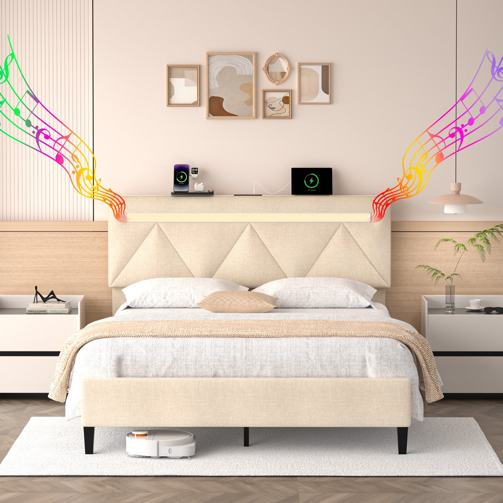 Full Bed Frame with Headboard,Upholstered Platform Bed Frame Full Size with Charging Station & LED Lights,Mattress Foundation with Wooden Slats Support,No Box Spring Needed,Noise Free,Easy Assembly