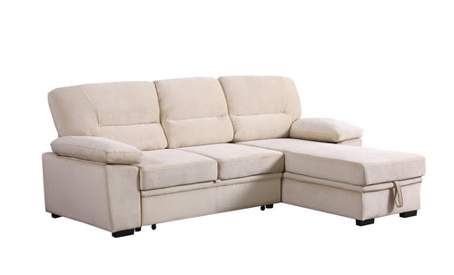 Kipling Beige Velvet Fabric Reversible Sleeper Sectional Sofa Chaise