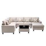 Nolan Beige Linen Fabric 7Pc Reversible Chaise Sectional Sofa with Interchangeable Legs, Pillows and Storage Ottoman